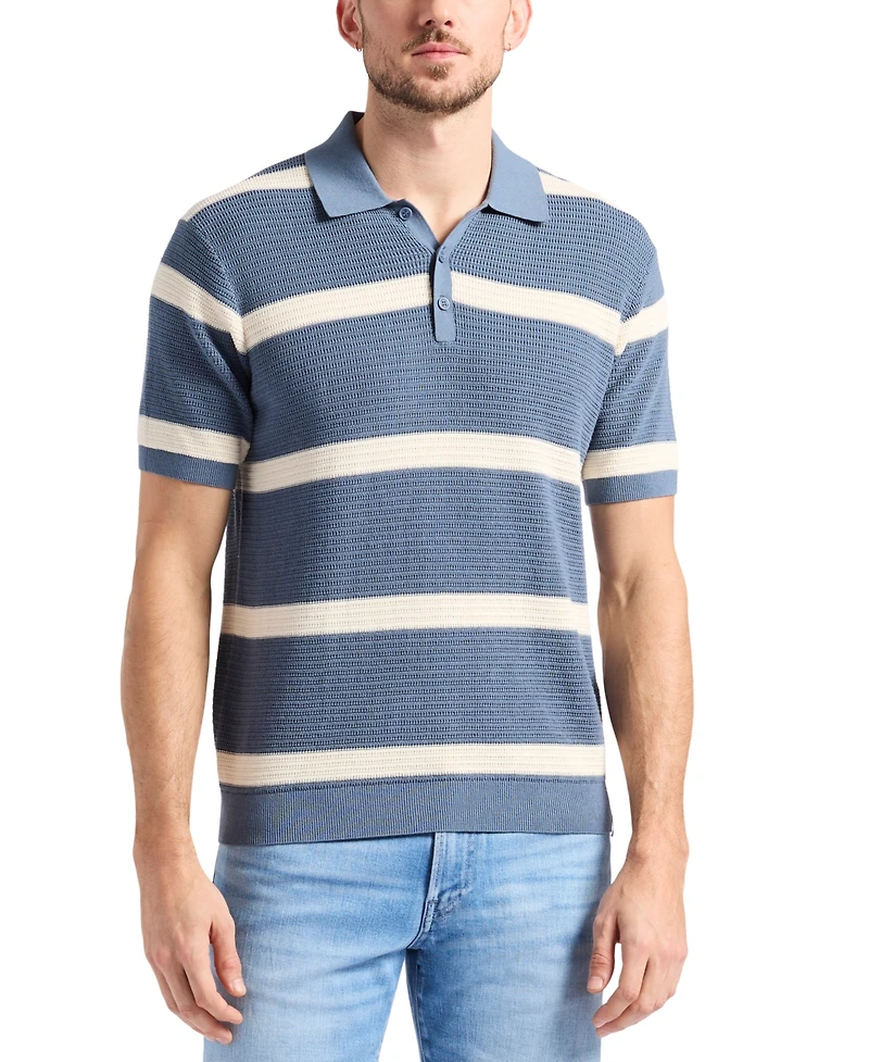 Men's Winder Short Sleeve Textured Striped Polo Sweater