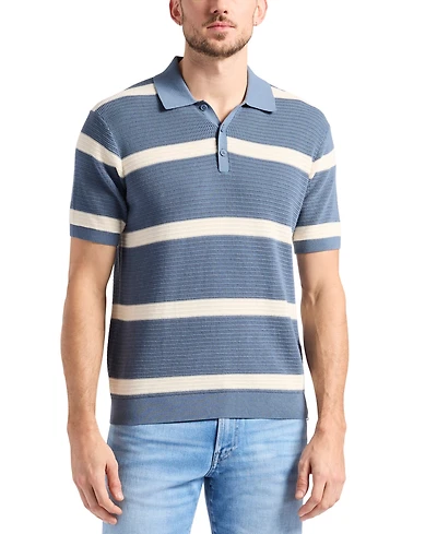 Men's Winder Short Sleeve Textured Striped Polo Sweater