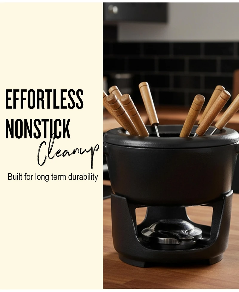 Alva Nori 2 Qt Enameled Cast Iron Fondue Set - Adjustable Burner & 8 Forks