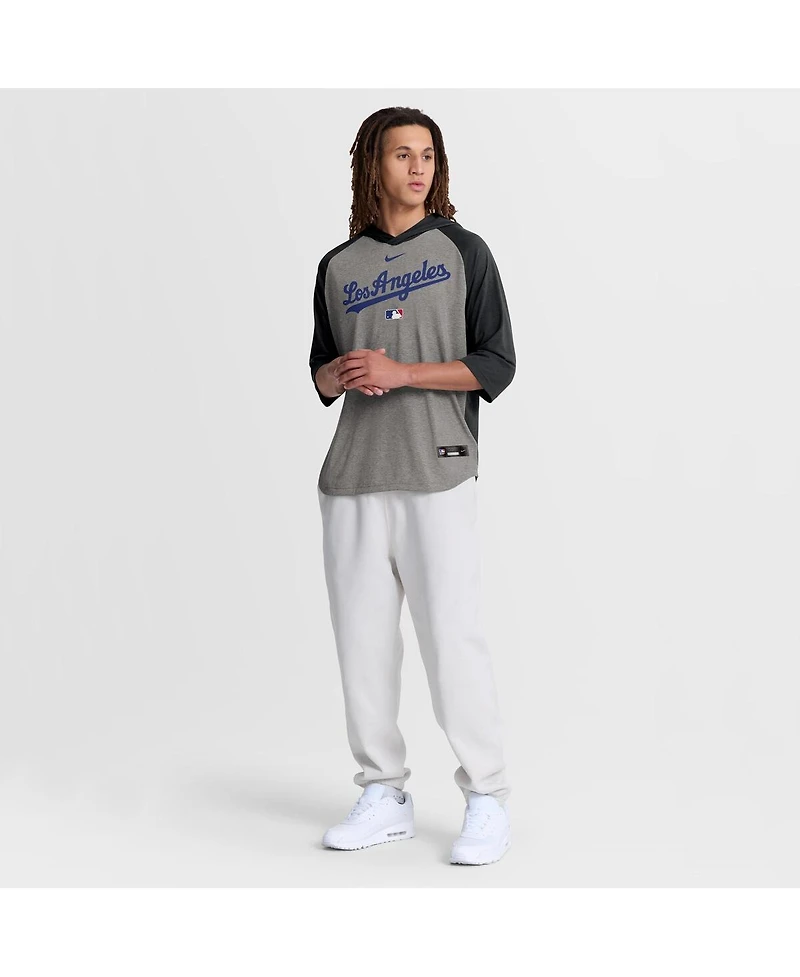 Nike Men's Gray Los Angeles Dodgers Authentic Collection Flux Dri-fit Raglan 3/4-Sleeve Hooded T-Shirt