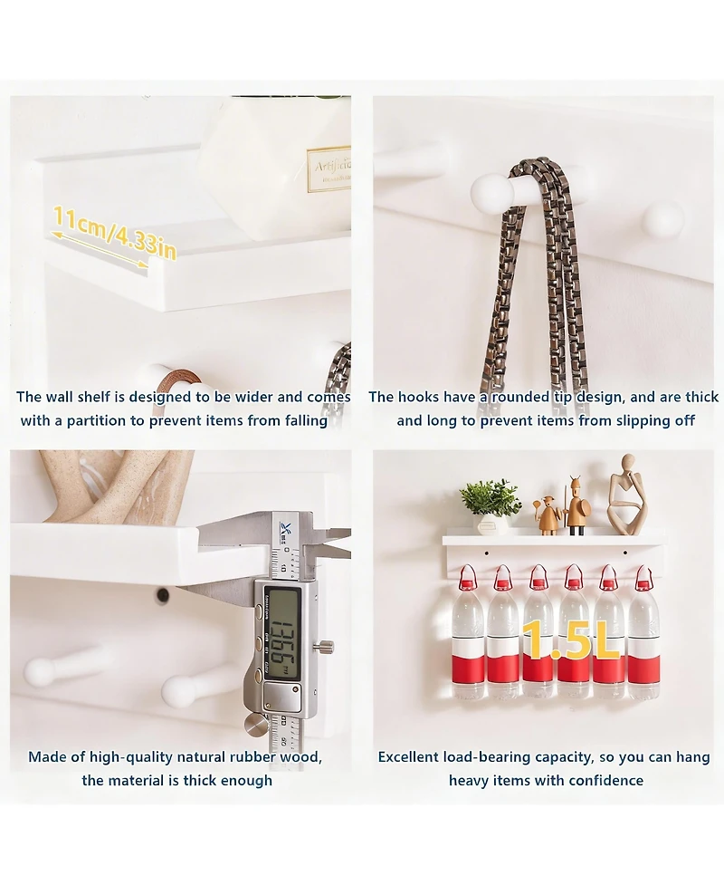 Yigii Solid Wood Wall Hook Shelf for Bathroom/Kitchen, Easy Install, Multi-Use