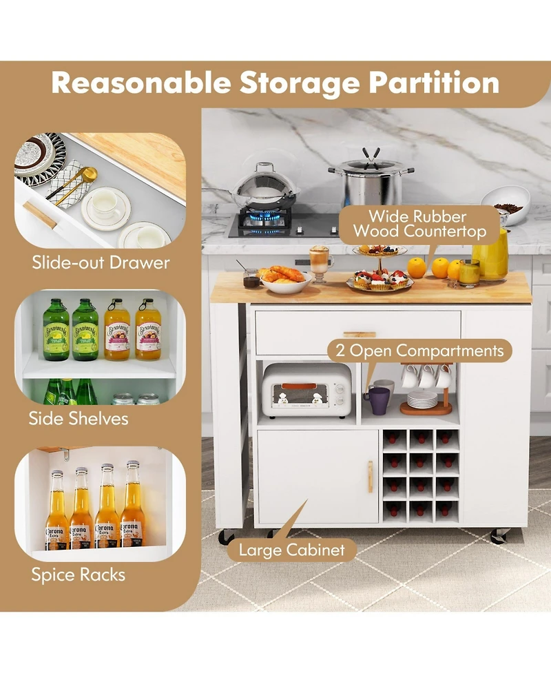 Volenca Reversible Folding Kitchen Island Cart with Wine Rack, Spice Rack, Rolling Wheels