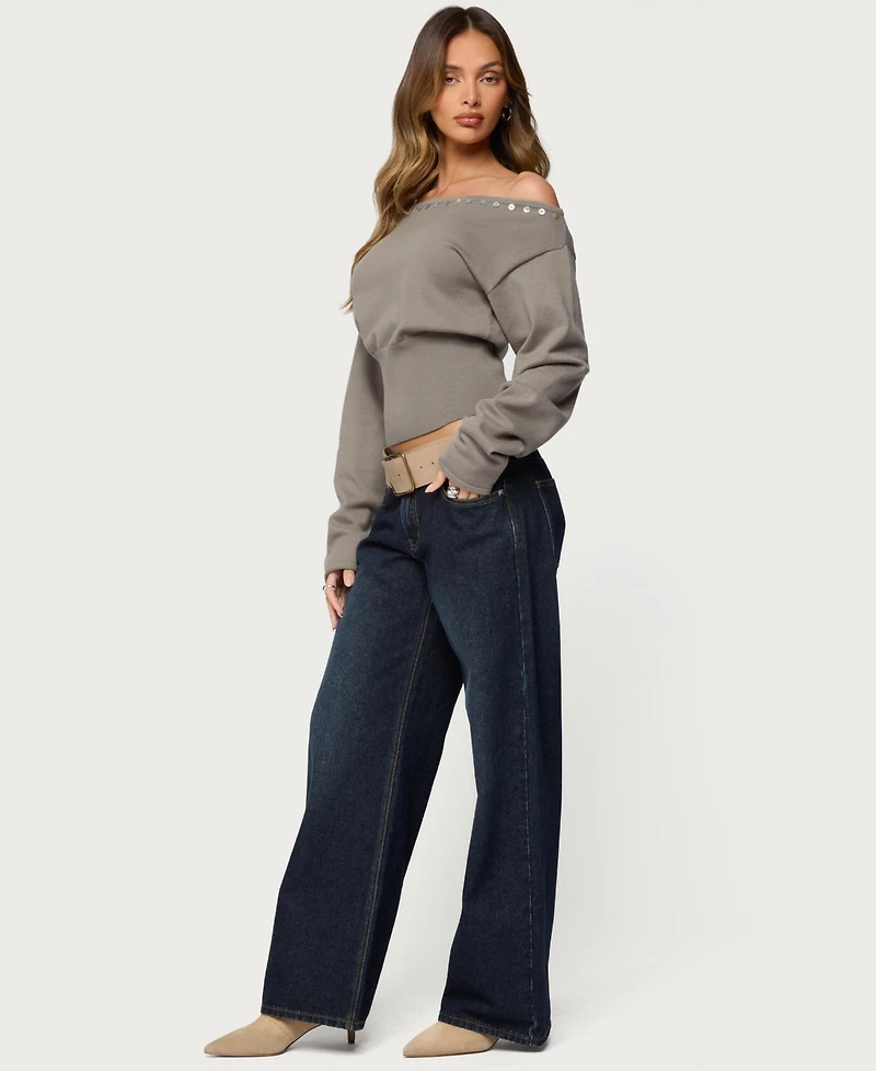 Edikted Women's Carmela Iridescent Button Off Shoulder Sweater