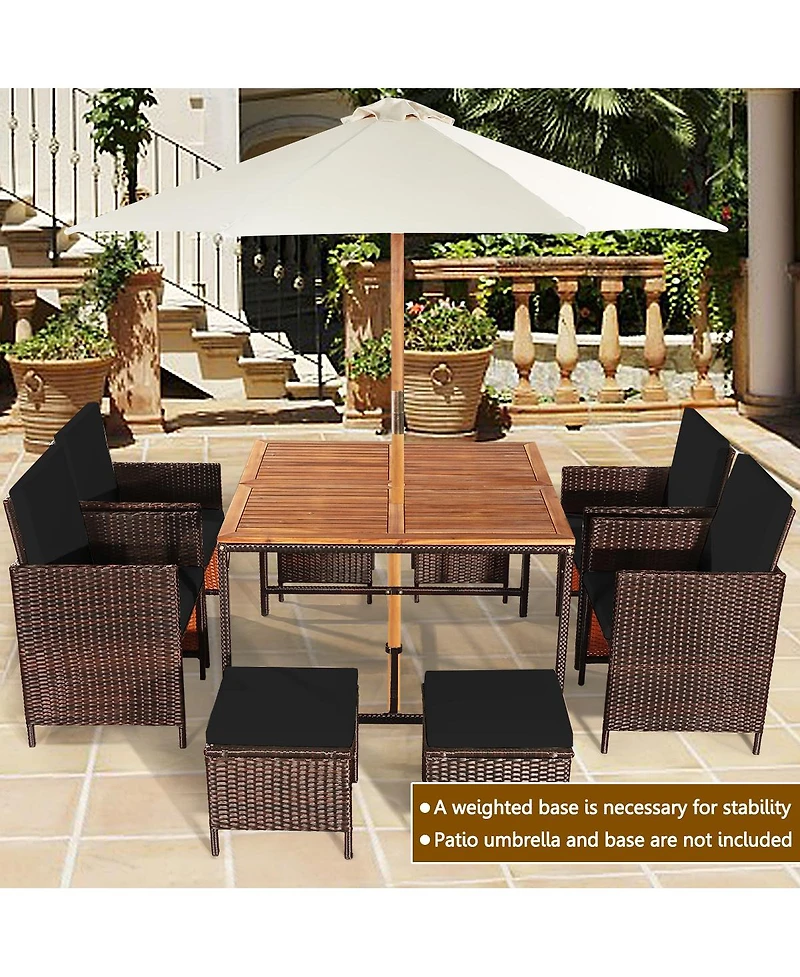 Gymax Set Of 9 Patio Rattan Dining Set Cushioned Chairs Ottoman Wood Table Top