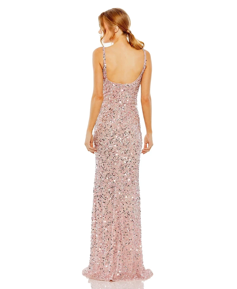 Mac Duggal Womens Petite Sequined Low Back Slip Gown