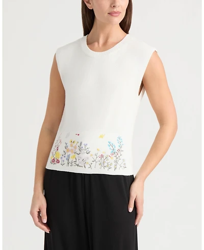 Ellen Tracy Women's Crewneck Sweater with Embroidered Hem