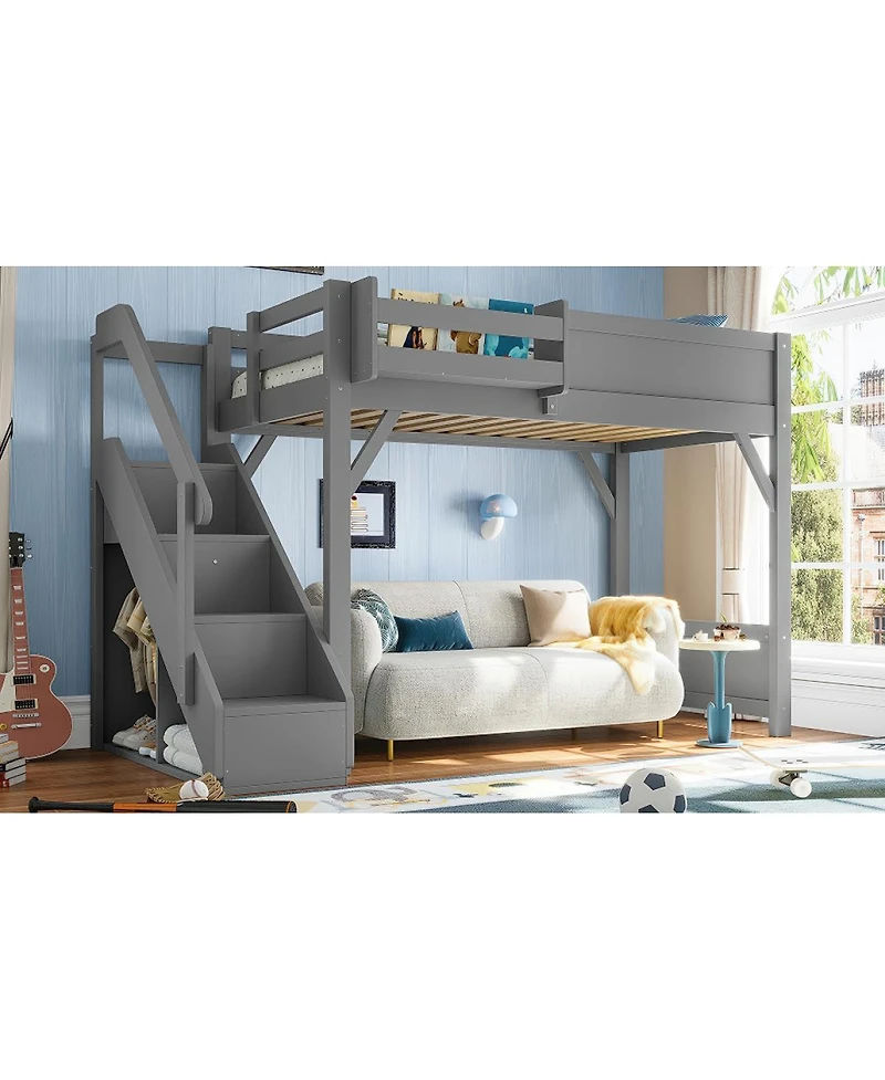 Streamdale Furniture Twin Loft Bed with Wardrobe, Storage, Shelves, Guardrails & Stairs