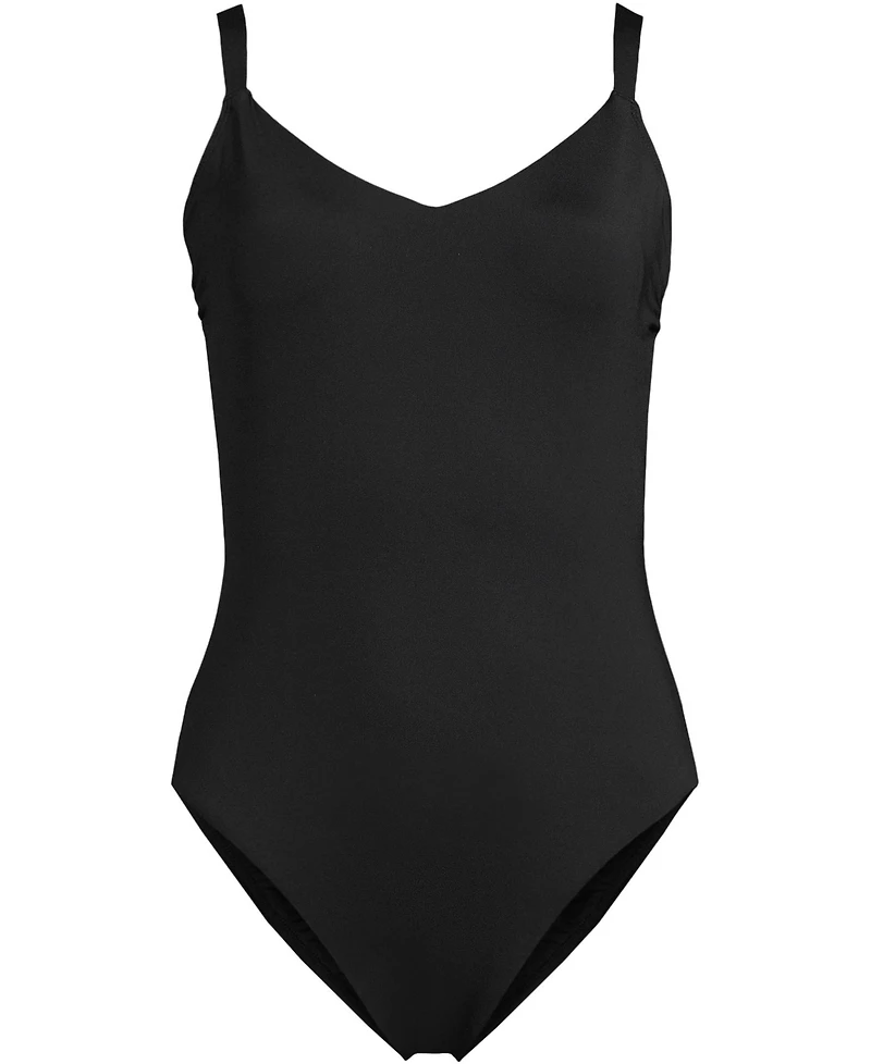 Lands' End Women's Long Torso V-Neck High Leg Strappy Back One Piece