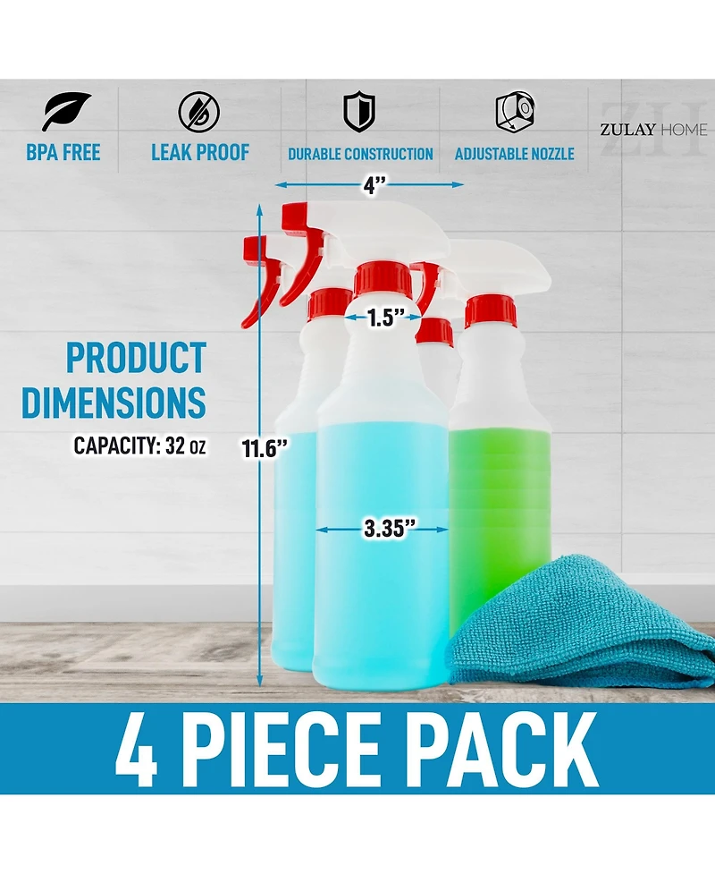 Zulay Kitchen Leakproof Cleaning Spray Bottle Set (4 Pack 32oz)