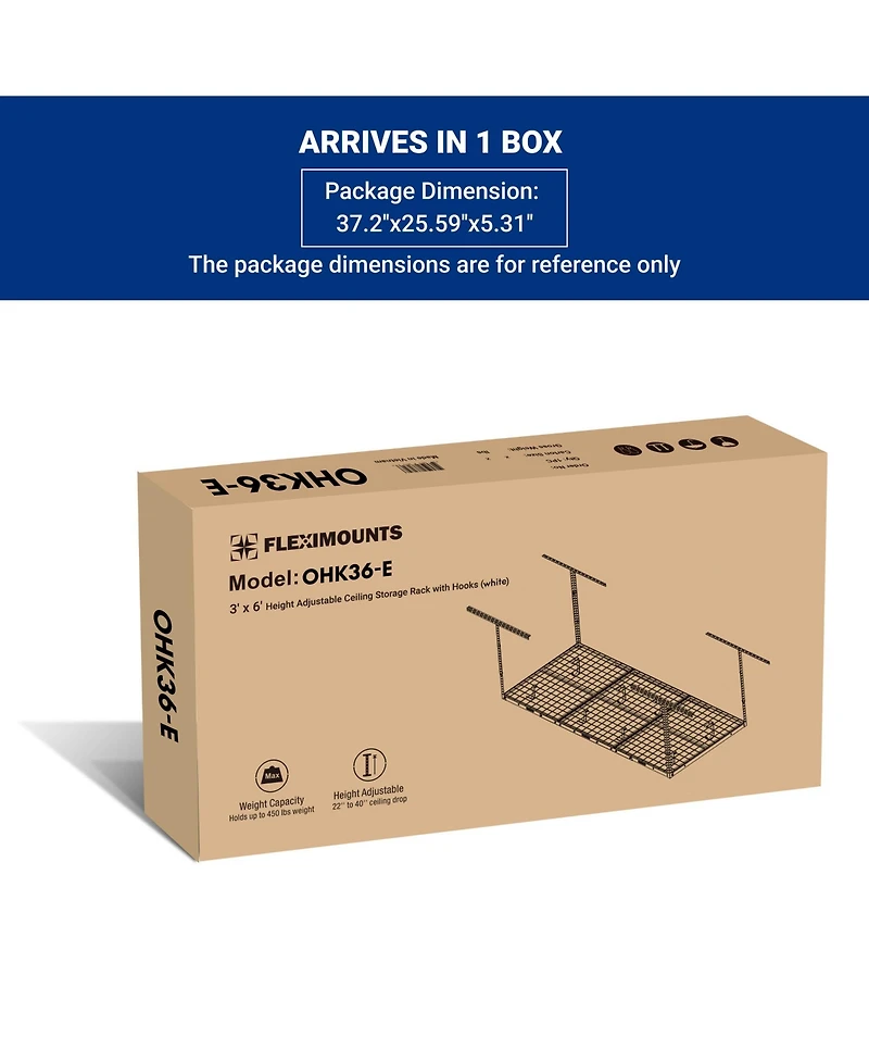 Fleximounts Ohk Series Ceiling Mounted Overhead Garage Storage Rack, White — 36" X 72"