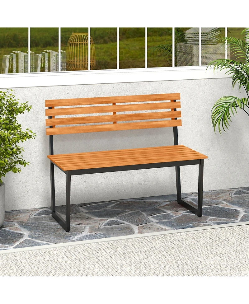 Gymax Outdoor Bench Acacia Wood Patio Loveseat w/ Backrest & Heavy Duty Metal Frame