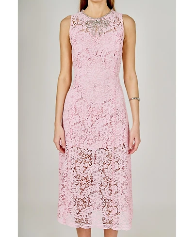 endless rose Women's Rhinestone Bow Detailed Lace Sleeveless Midi Dress