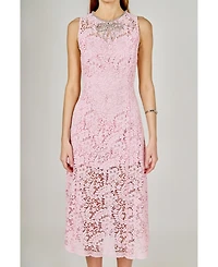 endless rose Women's Rhinestone Bow Detailed Lace Sleeveless Midi Dress