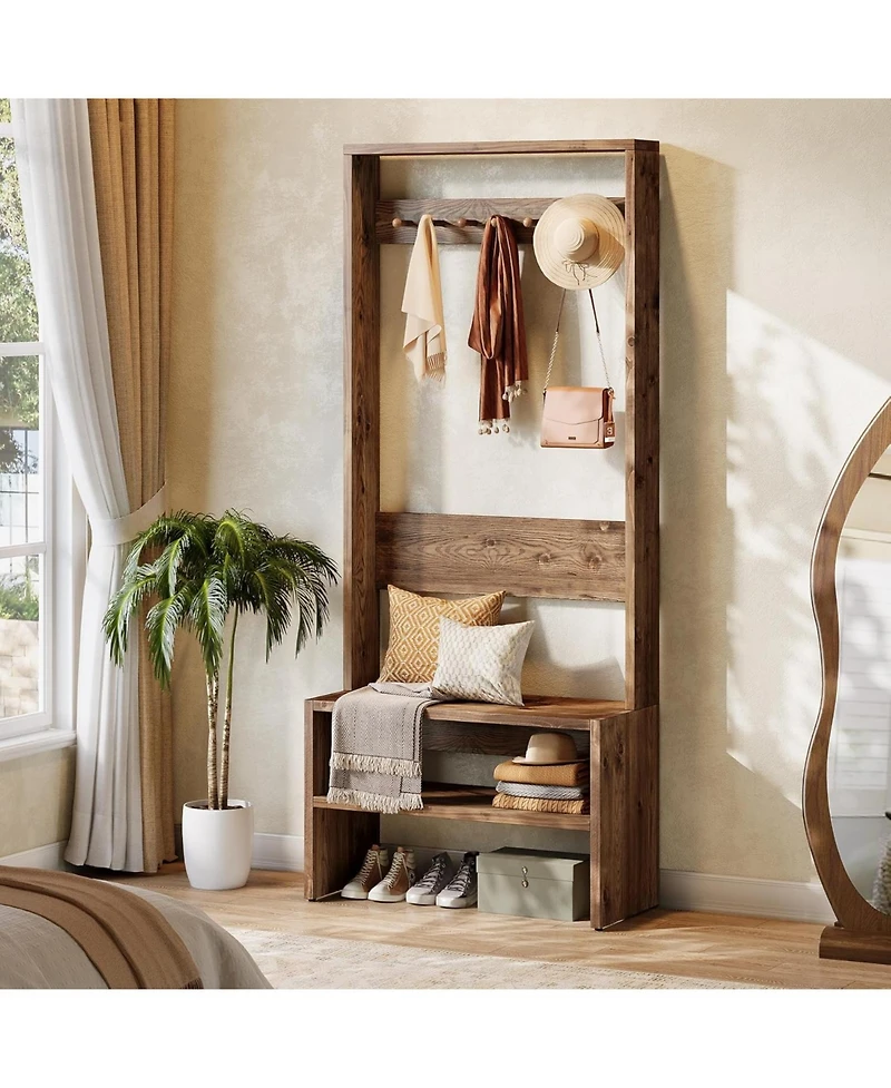 Tribesigns 70.8” Tall Freestanding Coat Rack with Shoe Bench, 7 Hooks & 2 Shelves, Wood Hall Tree with Bench and Shoe Storage