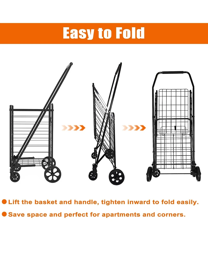 Rainsken Folding Shopping Cart, Grocery Cart with 360° Swivel Wheels, Open Door for Groceries and Laundry