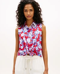 Tommy Hilfiger Women's Printed Poplin Knotted Collared Shirt