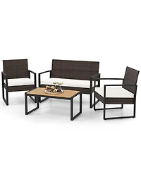 Gymax 4 Pieces Patio Furniture Set Pe Rattan Porch Chairs w/ Loveseat & Coffee Table