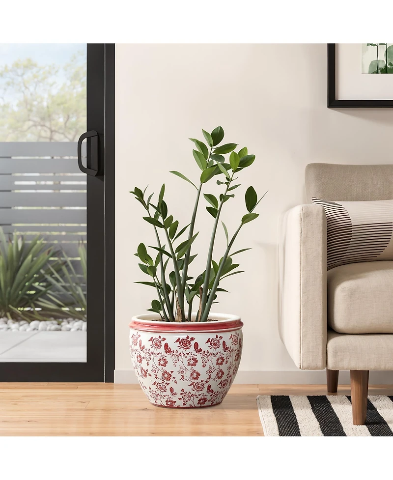 LuxenHome Red Floral Ceramic Planter, 12.2" Round, Indoor & Outdoor Garden Pot