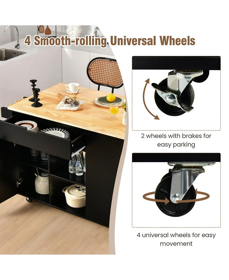 Volenca Drop-Leaf Rolling Kitchen Island Cart with Rubber Wood Top