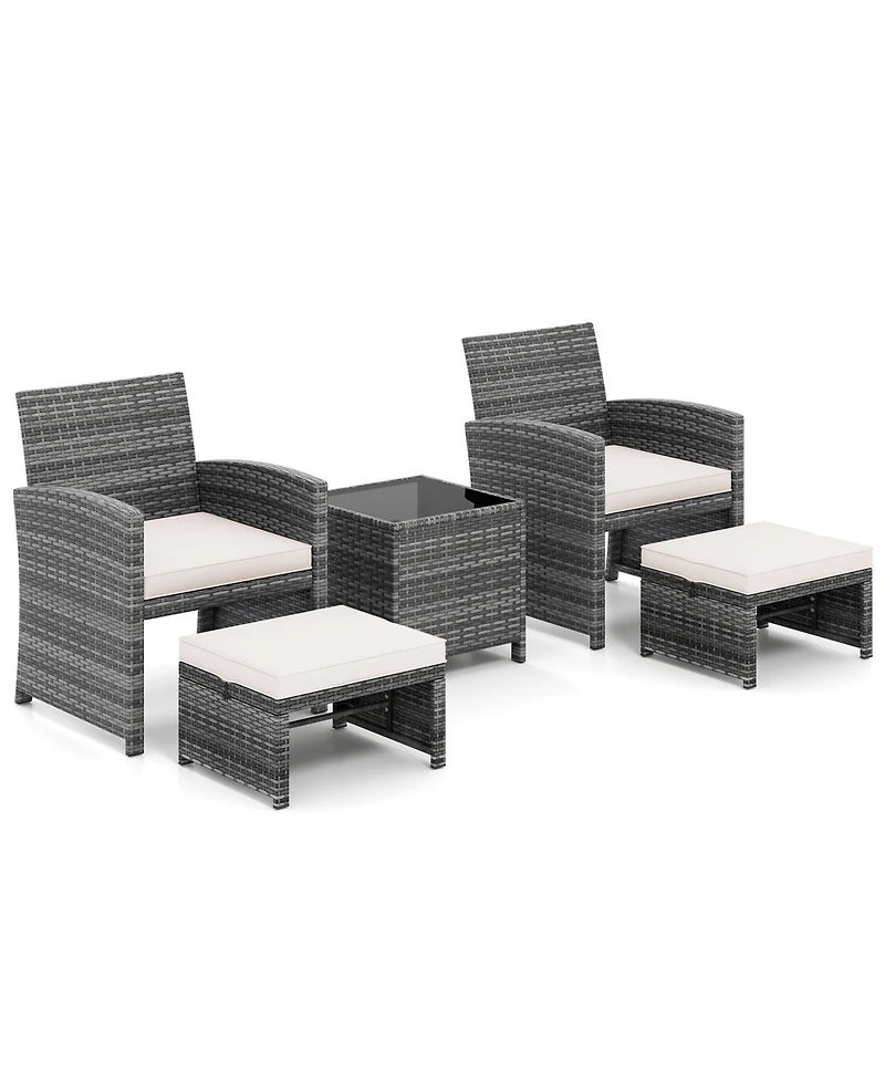 Gymax 5 Pieces Patio Furniture Set Pe Wicker Lounge Chairs w/ 2 Ottomans Outdoor
