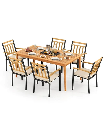 Gymax Set Of 7 Patio Acacia Wood Dining Set w/ Soft Seat Cushions Umbrella Hole Outdoor