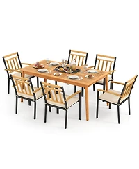 Gymax Set Of 7 Patio Acacia Wood Dining Set w/ Soft Seat Cushions Umbrella Hole Outdoor