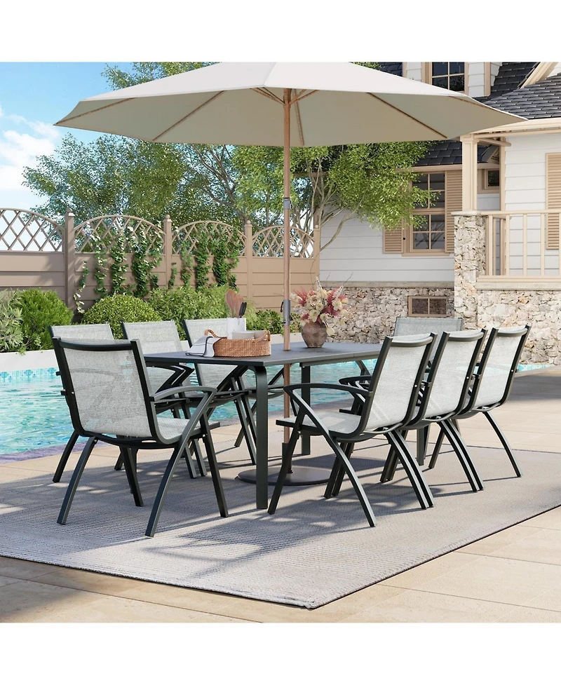gaomon 9-Piece Patio Dining Table Sets for 8, Outdoor Aluminum Frame Dining Furniture Set with Umbrella Hole Cut-Out Table, 8 Stirling Chairs