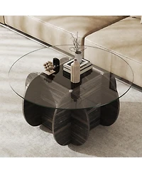 Sugift 35 Round Coffee Table Unique Circle Center Table with Tempered Glass Top and Solid Wood Base