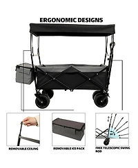 Rainsken Collapsible Wagon with Canopy, Heavy Duty Utility Cart with All-Terrain Wheels, Large Capacity for Camping