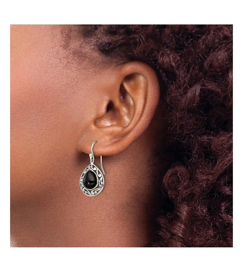 Curata Jewelry 925 Sterling Silver Oxidized Rhodium-Plated Teardrop Simulated Onyx Filigree Boho Hook Earrings