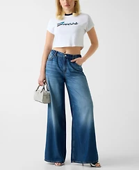 Guess Women's Script Logo Crew Neck Crop T-Shirt