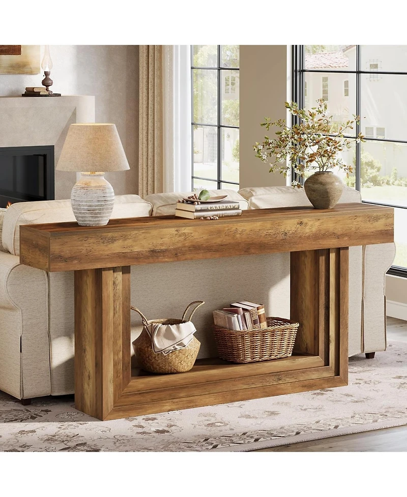 Tribesigns 63" Narrow Console Table, 2-Tier Long Entryway Table, Farnhouse Console Behind Couch, Brown