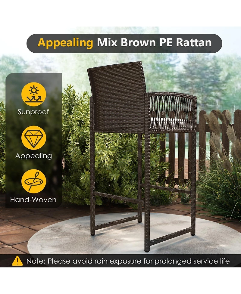 Gymax Set Of 3 Patio Bar Set Wicker Table & Armchairs w/ 2 Cushions & Glass Tabletop