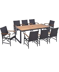 Gymax 9 Pcs Patio Rattan Dining Set w/ Acacia Wood Table 1.9'' Umbrella Hole