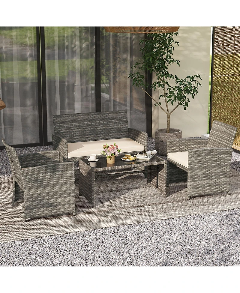 Gymax 4PCS Patio Outdoor Conversation Set w/Seat Cushions & Tempered Glass Tabletop