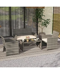Gymax 4PCS Patio Outdoor Conversation Set w/Seat Cushions & Tempered Glass Tabletop