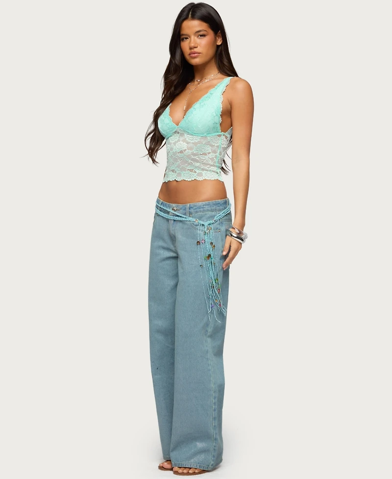 Edikted Women's Vanya Sheer Lace V Neck Top