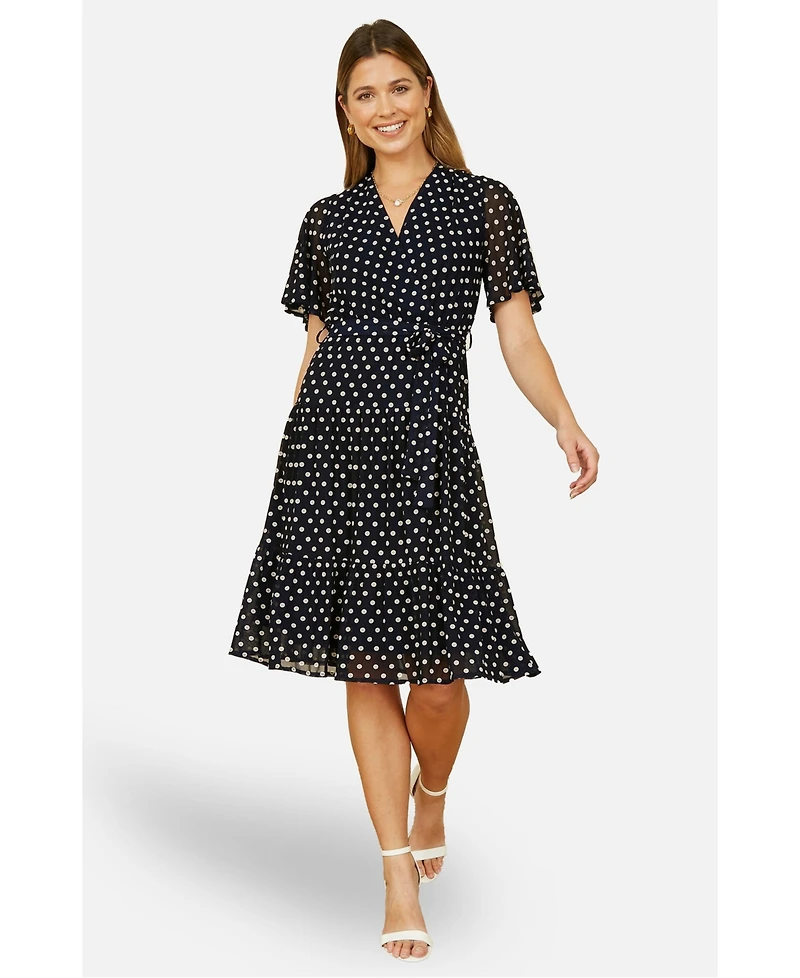 Yumi Women's Dot Print Mesh Stretch Midi Skater Dress