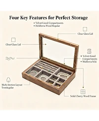 Yigii Handcrafted Cherry Wood Jewelry Box with Glass Lid