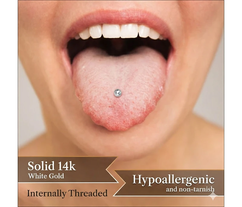Curata Jewelry Solid 14k Gold 14G 5mm Bezel Cubic Zirconia Straight Barbell Internally Threaded Tongue Ring Body Piercing