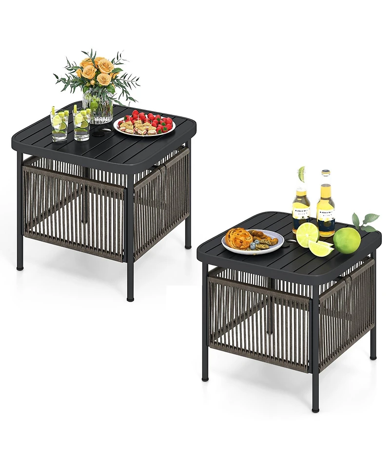 Gymax 2 Pcs Outdoor Pe Rattan Side Table with Umbrella Hole Square Patio End Table