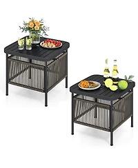 Gymax 2 Pcs Outdoor Pe Rattan Side Table with Umbrella Hole Square Patio End Table