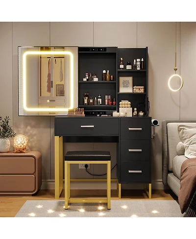 gaomon Wood Lighted Mirror Power Outlet Vanity Desk with 4 Drawers, Shelves & Stool