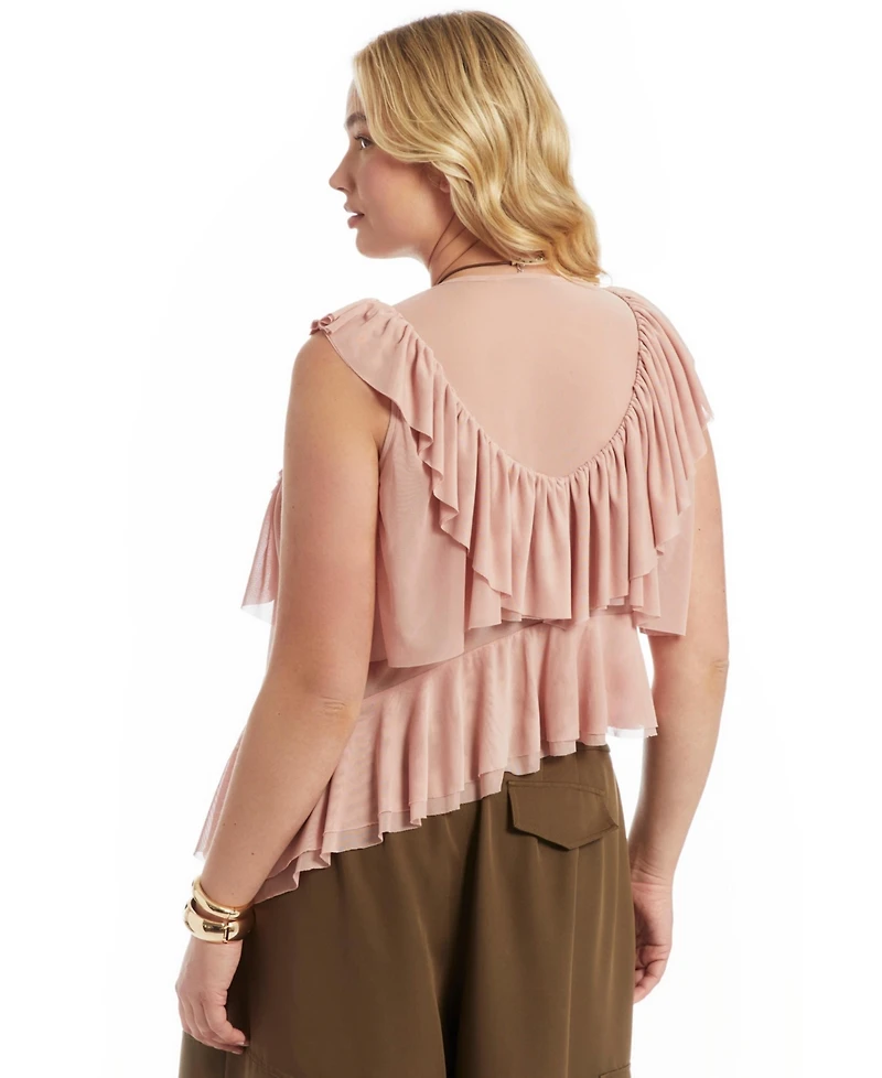 June & Vie Women's Asymmetric Ruffle Mesh Top