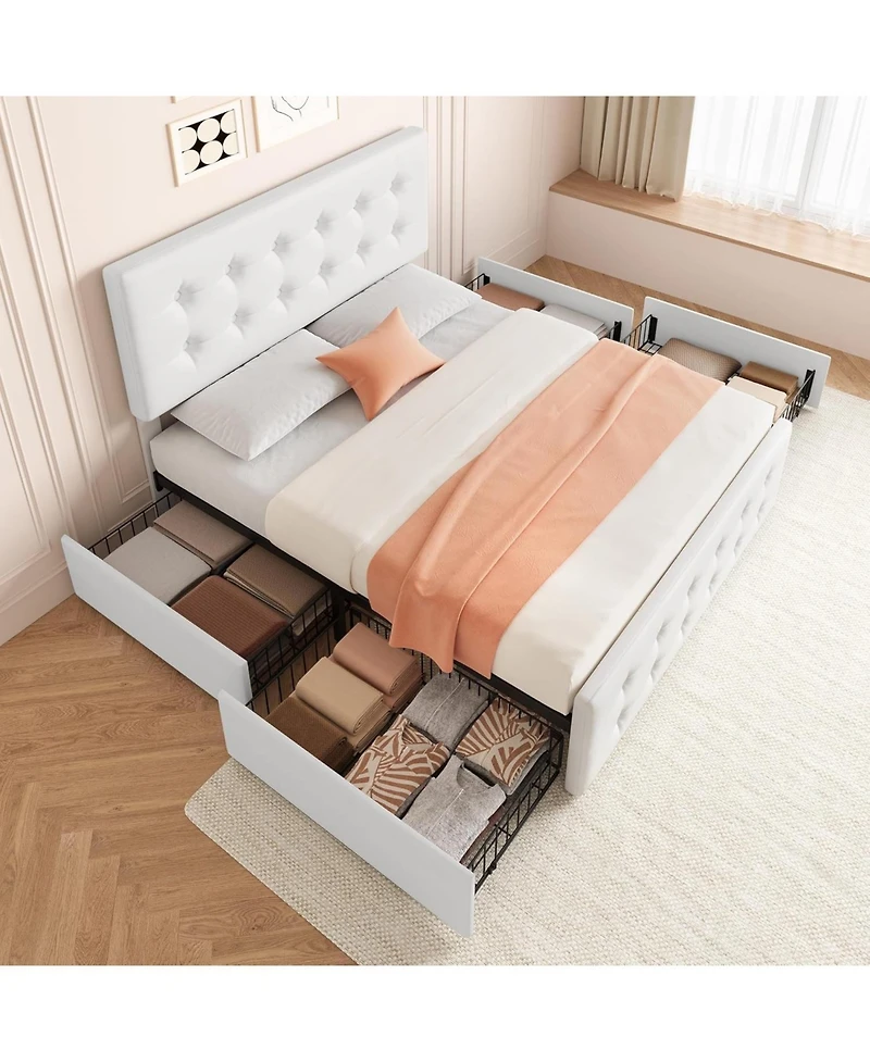 gaomon Queen Bed Frame with 4 Storage Drawers and Linen Upholstered Headboard,Button Tufted Design, No Box Spring Needed, Dark