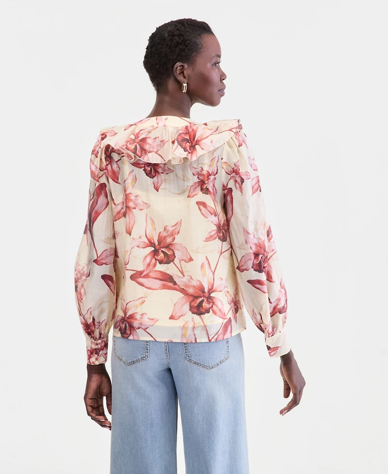 I.n.c. International Concepts Women's Long-Sleeve Printed Ruffle-Front Blouse, Macy's Exclusive