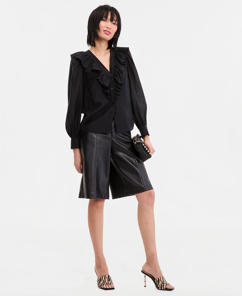 I.n.c. International Concepts Women's Long-Sleeve Printed Ruffle-Front Blouse, Macy's Exclusive