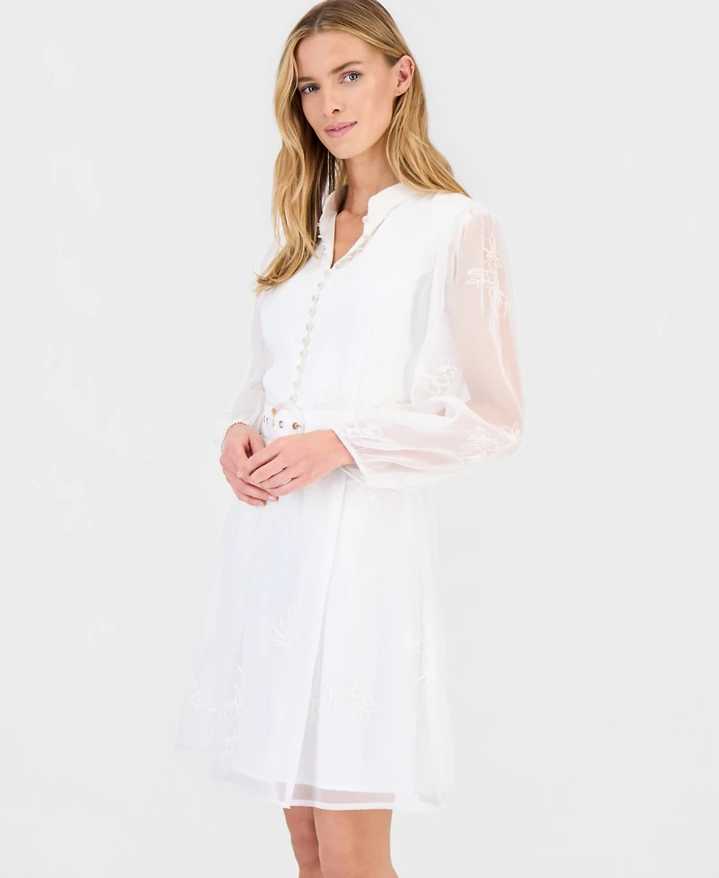 Tahari Asl Women's Long-Sleeve Belted Embroidered Dress