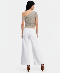 Guess Womens Jaide Asymmetric Short Sleeve Shirring Top Zoya Wide Leg Crop Jeans