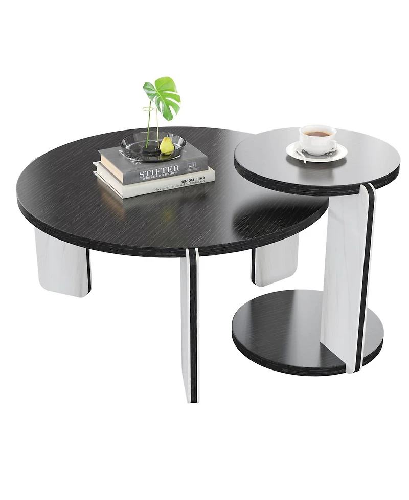 Streamdale Furniture 32.68" & 16.93" Round Coffee/End Table Set - Black Oak Veneer, Sintered Stone Legs